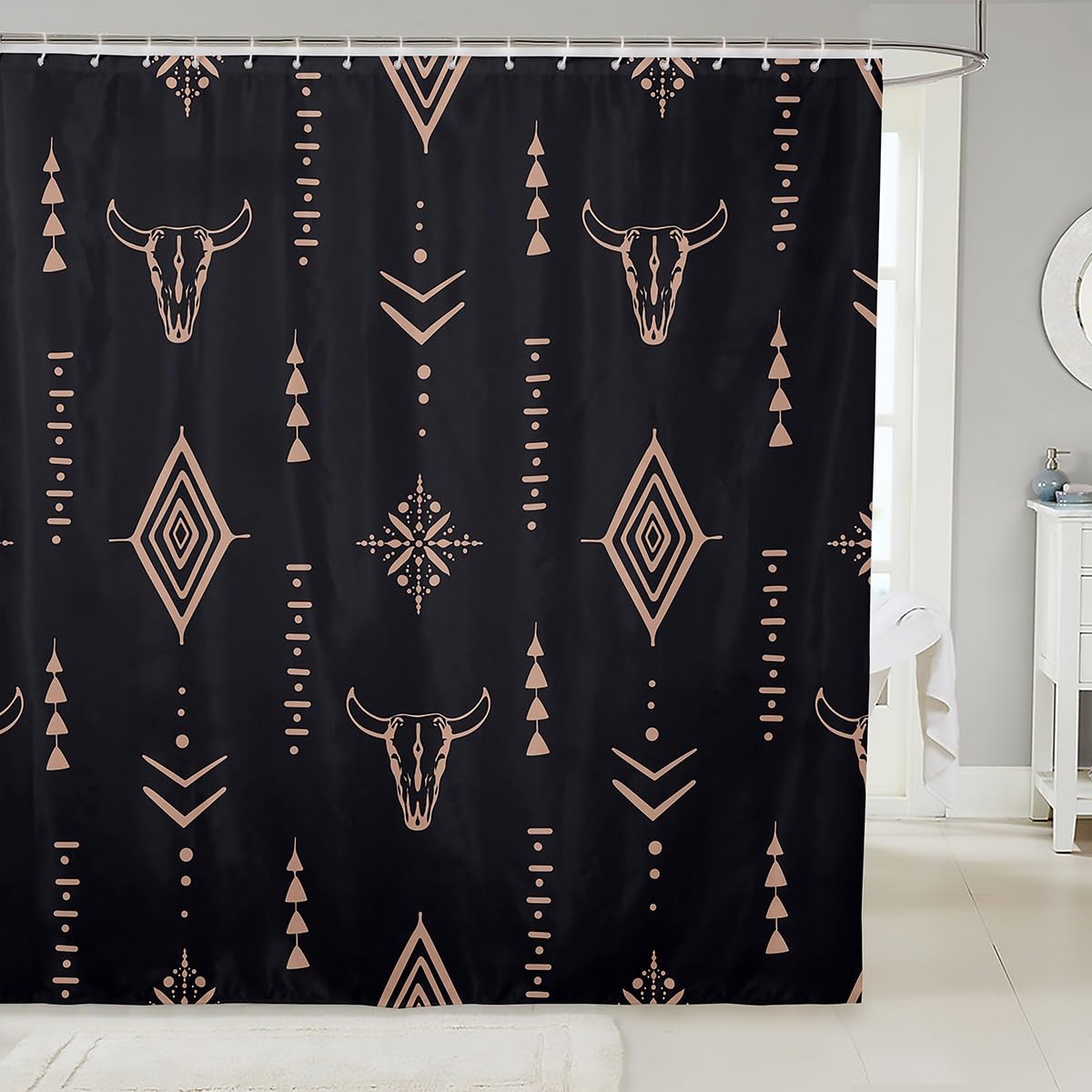 Erosebridal Bull Skull Shower Curtain 72" Wx72 L Boho Bathroom Shower Curtain Sets Ethnic Horns Bohemian Fabric Shower Curtain Brown Tribal Symbol