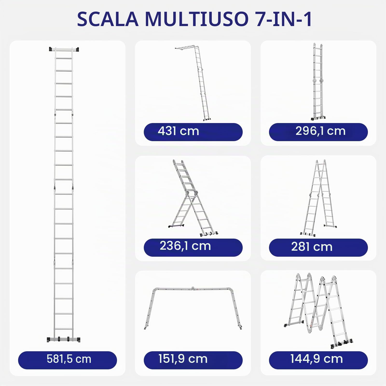 TEENO Scala Multiuso 7 in 1 in Alluminio, 5.82 M, 4x5 Gradini, Scaletta Pieghevole con 2 Piattaforme, 2 Ruote Removibili e Piedini in Gomma, Scala Telescopica Oortata 150 kg, Argento