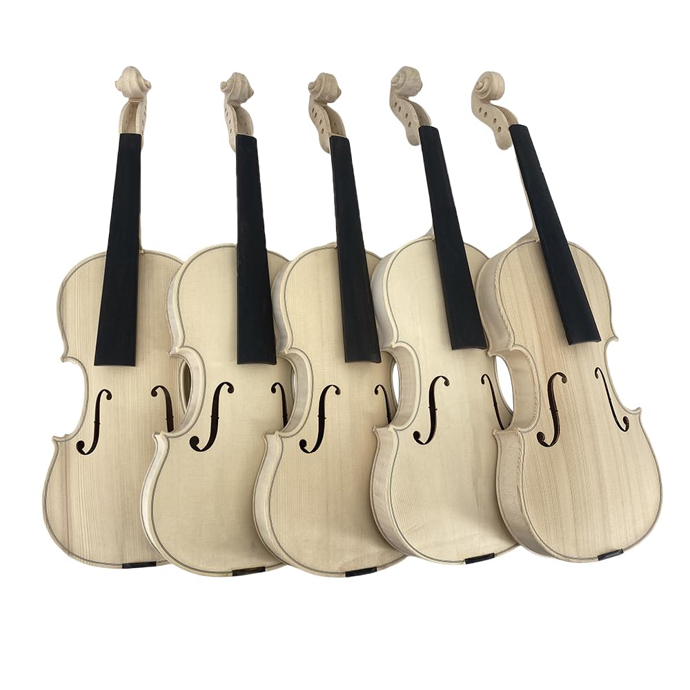 Violino Realizzato a Mano Senza Vernice - Taglia 4/4, Fondo Fiammato a Due Pezzi & Superficie in Abete, Legno Essiccato all'Aria, Fatto da Maestro Liutaio, Violino Bianco per Montaggio (Grano