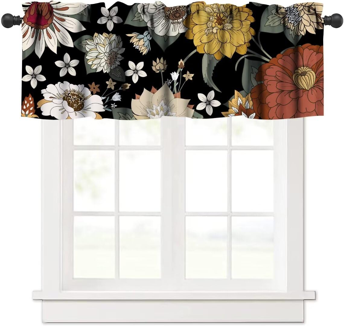 JanJCurt Boho Floral Valance, Traditional Colorful Bohemian Mandala Floral Dark Flower Leaves Modern Spring Garden Blackout Short Window Treatments