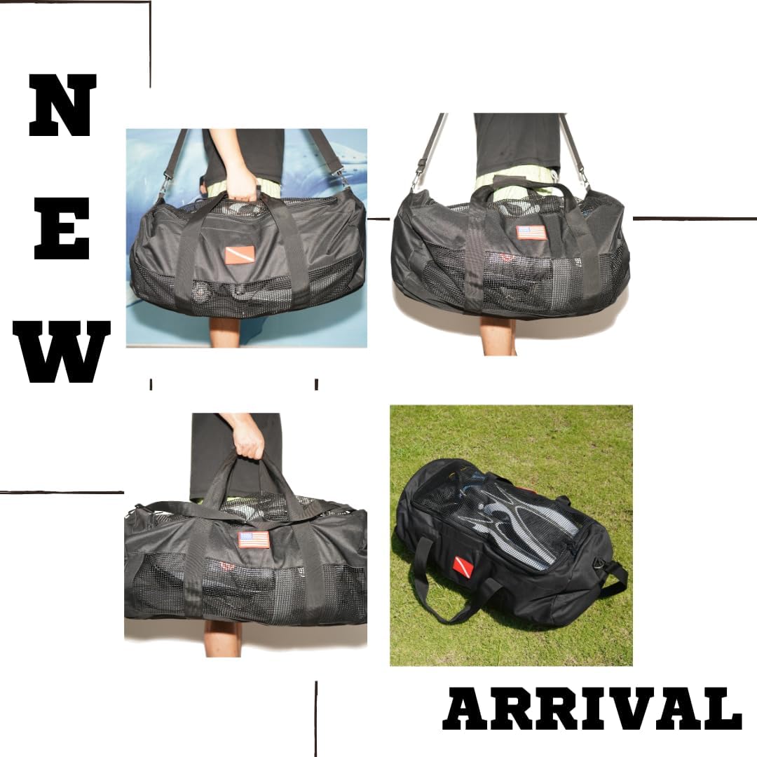 Mesh Scuba & Snorkeling Gear Bag – Heavy-Duty Cloth Ventilated Dive Duffel with Zipper & Adjustable Shoulder Strap (15.7" Diameter x 29.5" Length), Black