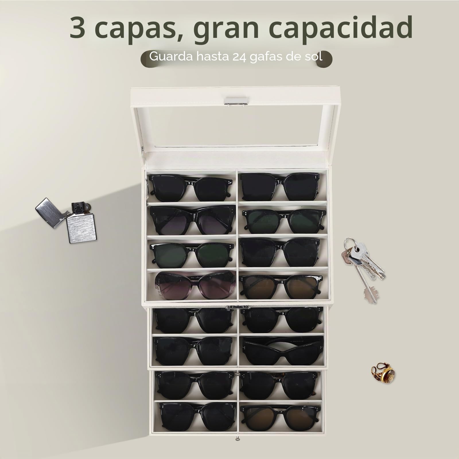 AUTOARK Tapa transparente de cuero,24 piezas,Almacenamiento para gafas y gafas de sol,Organizador con cerradura,Beige,MKAW047
