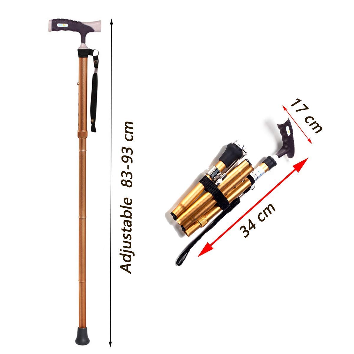 Bastone da Passeggio/Bastone Pieghevole 5 Altezze Impugnatura Morbida Regolabile Leggero per Anziani/Donne/Uomini Alluminio 350 g Peso Massimo dell'utente 130 kg, stampelle Times