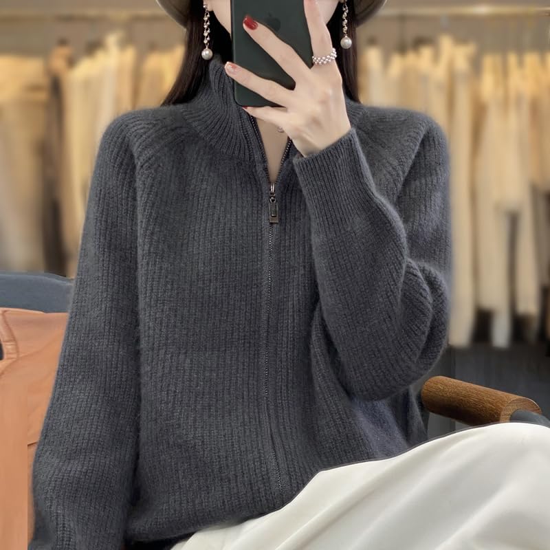 Women's Wool Knitting Sweater Turtleneck Zipper Cardigan, Full Zip Mock Neck Thick Warm Wool Sweater for Women3