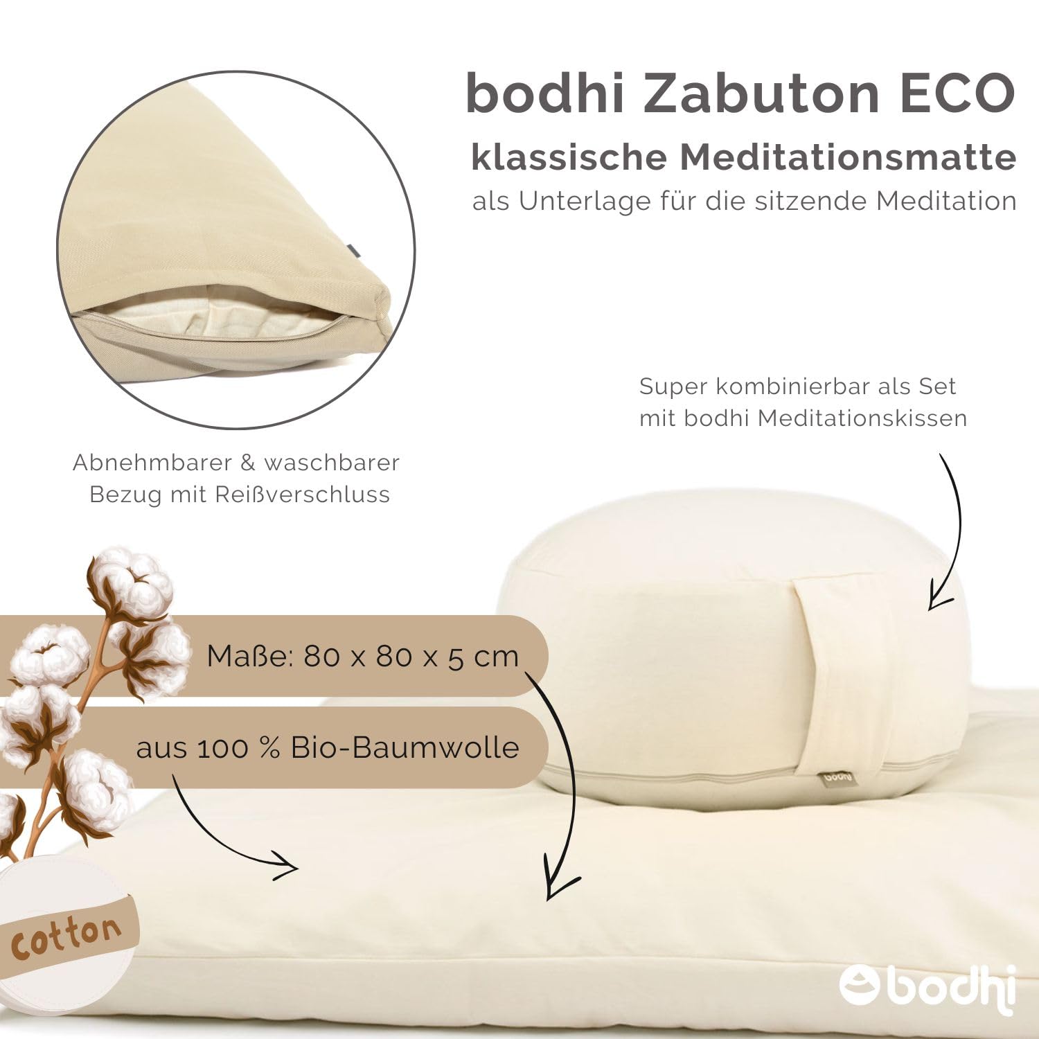 Bodhi Meditationsmatte ZABUTON | ECO Serie | Klassische Yoga Matte mit abnehmbarem Bezug aus 100% Bio-Baumwolle | Meditationsunterlage mit Reißverschluss | 80 x 80 x 5 cm