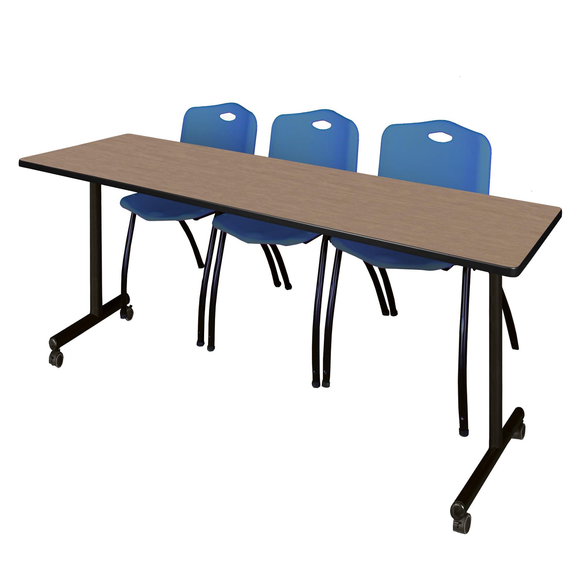 Romig Axis-Pro 84 x 24 in. Mobile T-Base Training Table- Noble Oak, 2 M Stack Chairs- Blue