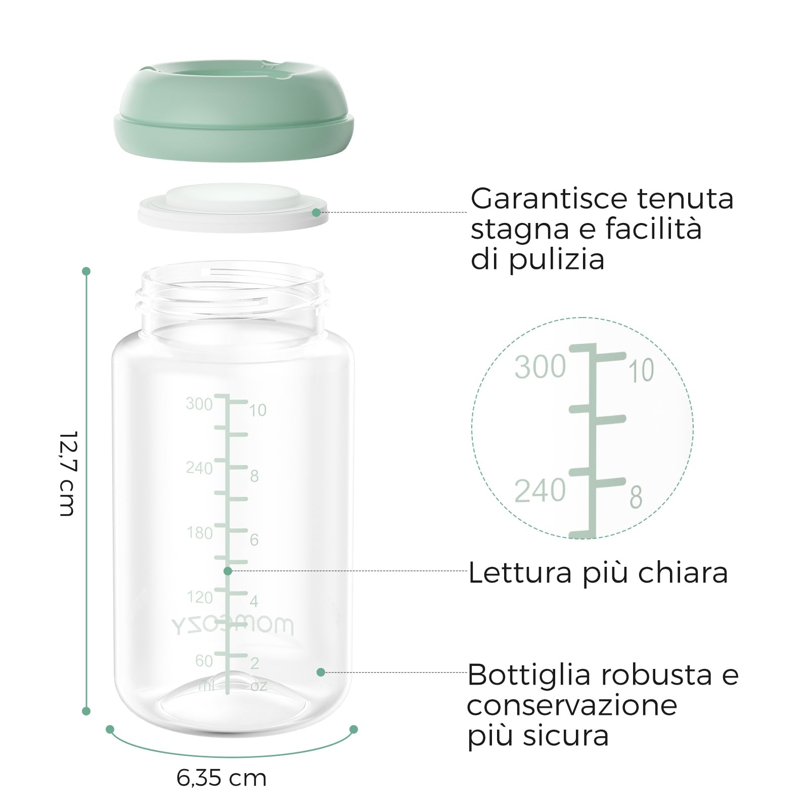 Momcozy Bottiglie per Conservazione Latte Materno 300ml Collo Largo, Biberon Contenitori Latte Materno per Frigorifero/Freezer, Senza BPA, Set 4 Pezzi