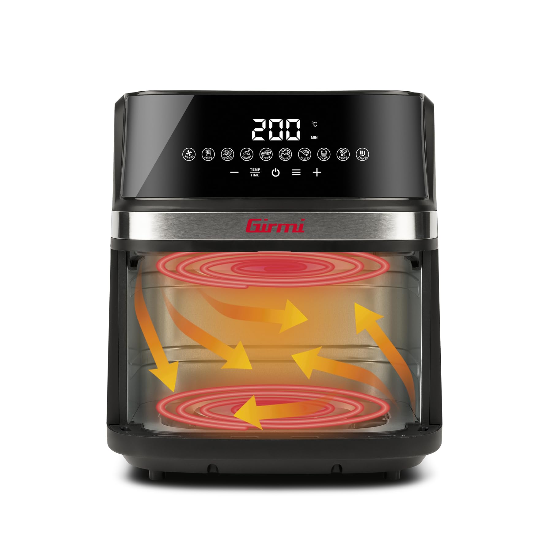 Girmi FG80 Friggitrice ad Aria 8Litri, 2200 W, Display digitale, 10 programmi, Capacità 8 Litri, Camera di cottura in metallo, Doppia resistenza, Ricettario incluso, Nero/Inox