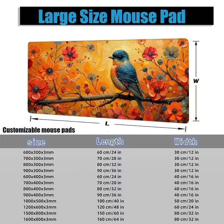 Tapis de souris oiseau XL 600x400mm floral pour bureau et gaming - 7