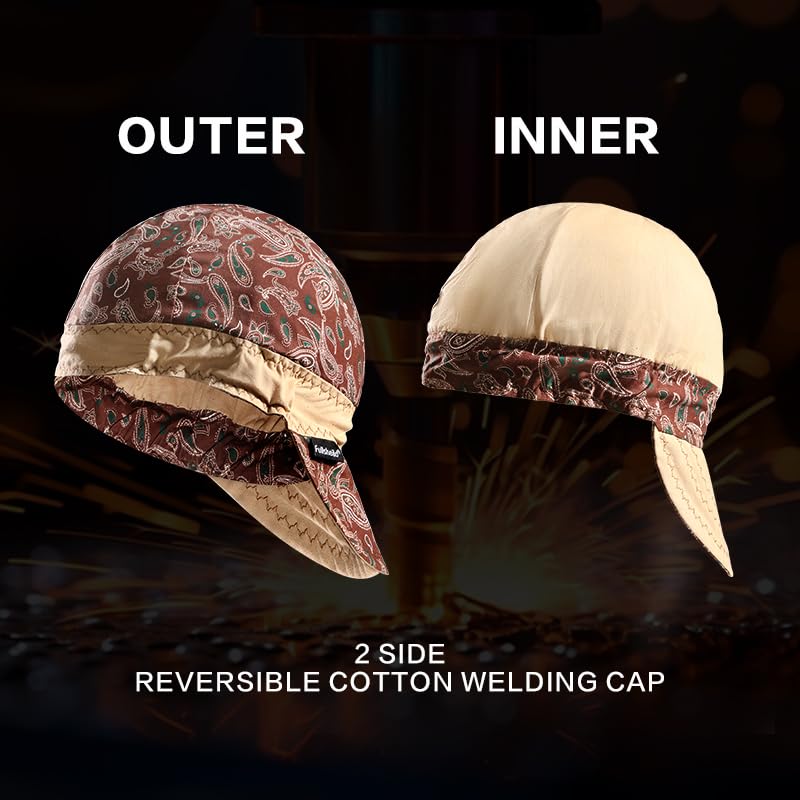 Image of Fullsheild Mens Women's Cotton Welding Cap FR Reversible Welder Caps Hat One Size for Welder Electrician Power Gas Oilfield (US, Alpha, One Size, Paisley Brown&Blue-2pcs)