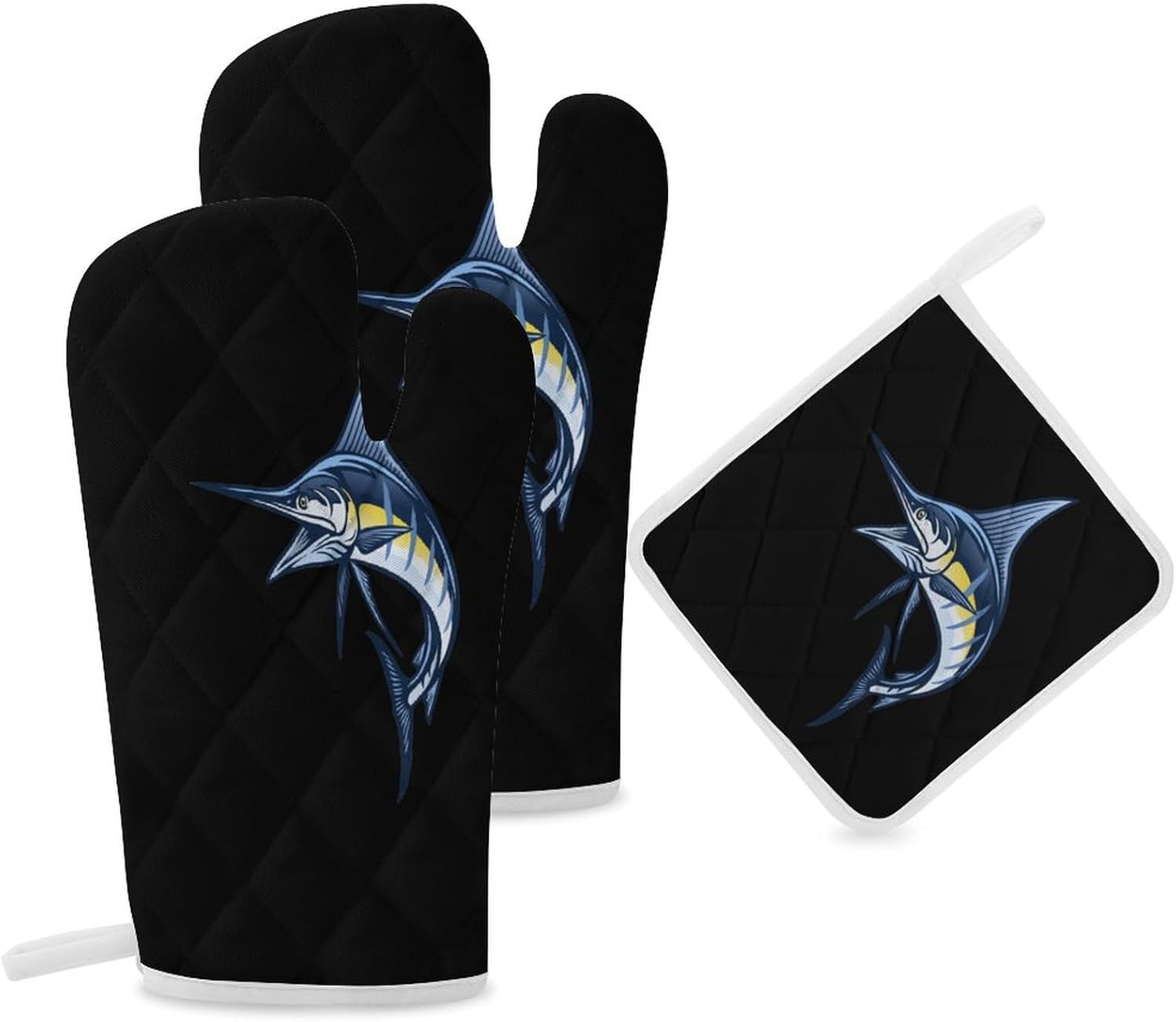 Marlin Fish Print Oven Mitts and Pot Holders 3 Piece Sets Heat Resistant Gloves Hot Pads Potholders for Kitchen Baking Cooking
