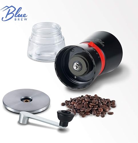 Miniatura 5 de Blue Brew Molinillo de café manual, molinillo de café manual con rebabas de cerámica y 15 grosores ajustables, 2 tarros de vidrio herméticos con