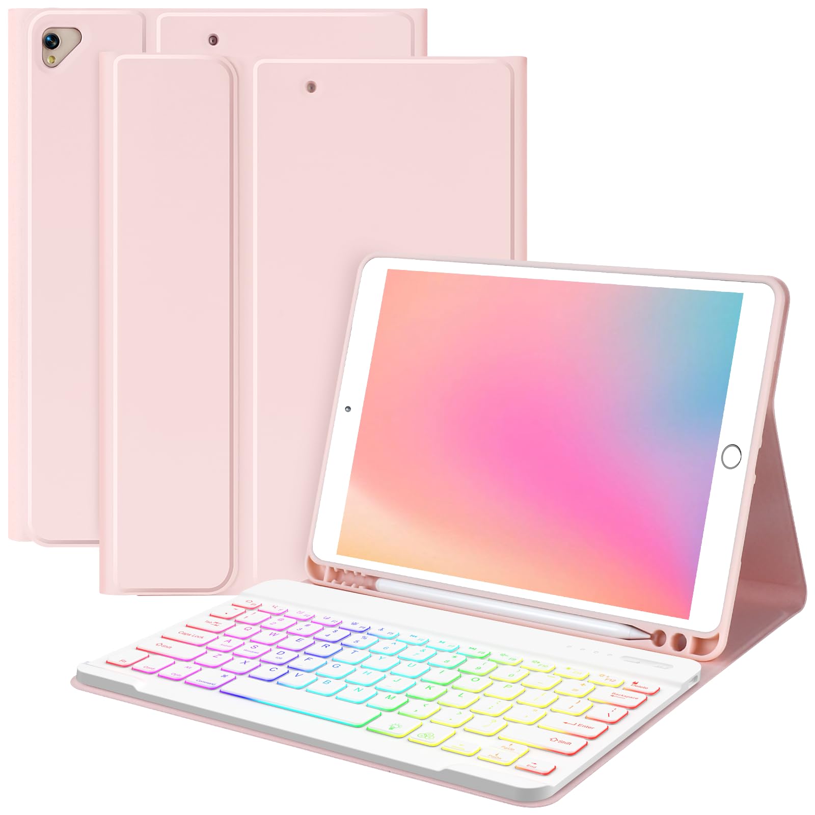 MORECOO for iPad 9th Generation Case with Keyboard, 7 Color Backlit Wireless Keyboard with Pencil Holder for 10.2 inch iPad 8th / 7th, for iPad Pro 10.5 inch 2017, for iPad Air 3rd Gen (Pink)