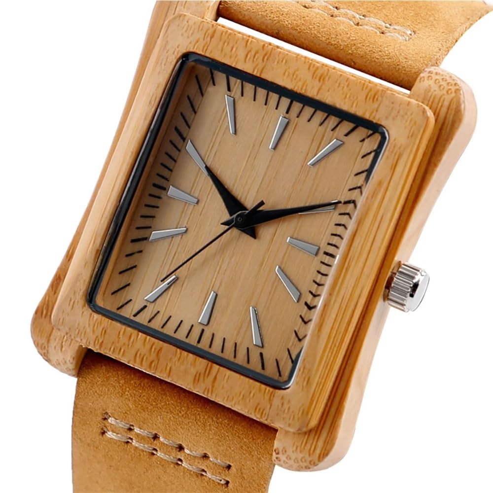 Orologio da Uomo in Legno con Cinturino in Pelle, Stile Moderno, Stile Casual, al Quarzo, Rettangolare, Stile Log, Stile Naturale(Cherry Wood A)