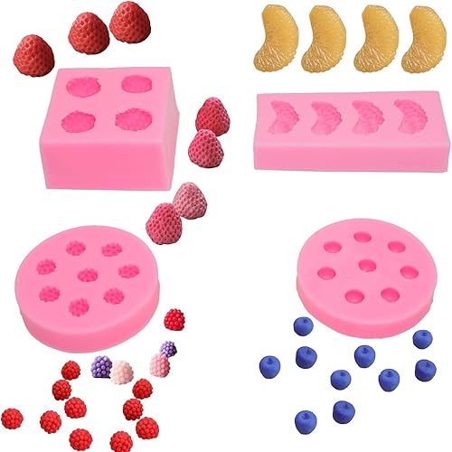 Juego de 4 moldes de gelatina en forma de fruta 3D de fresa, naranja, frambuesa y arándano, molde de silicona para fondant de jabón, incrustaciones