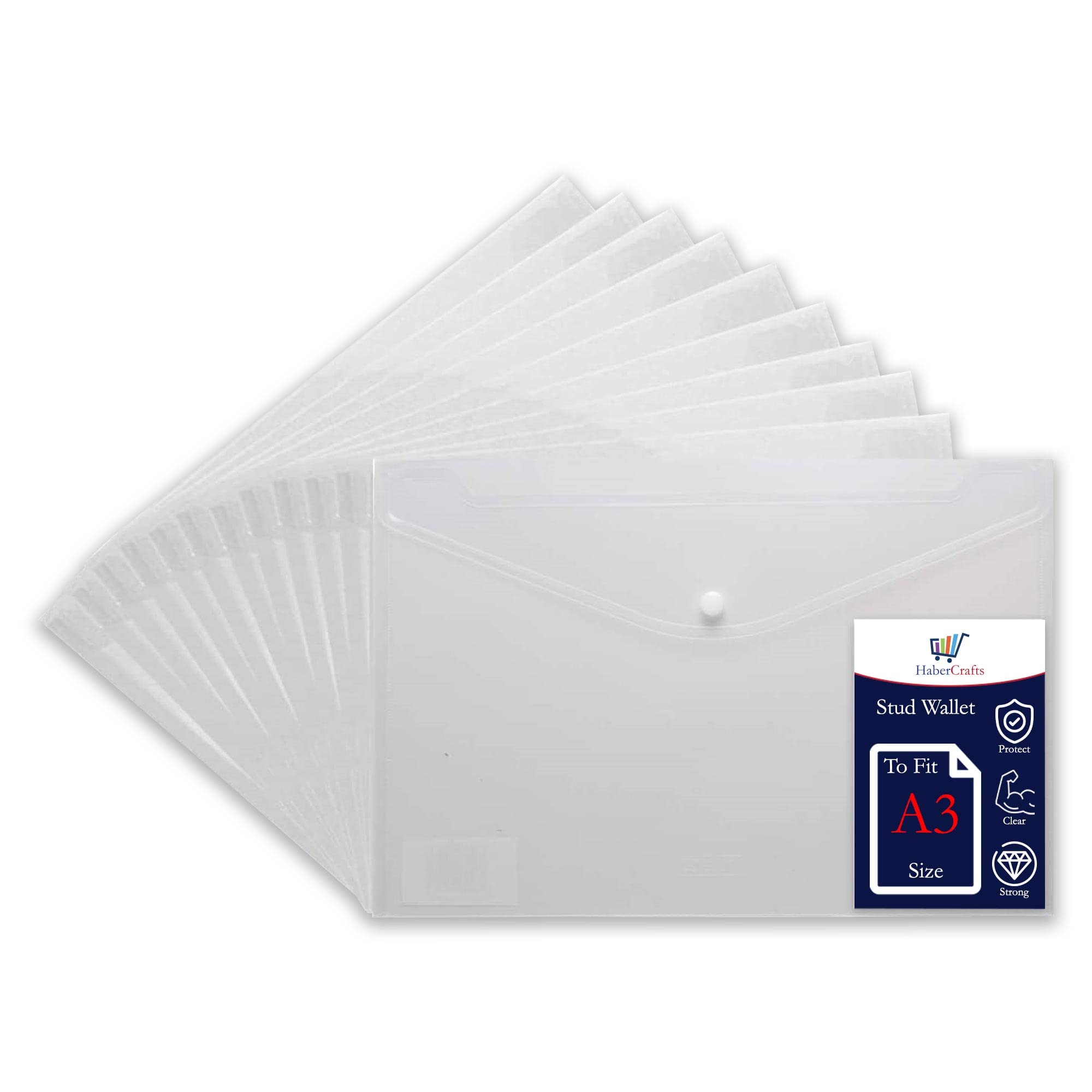 A3 Plastic Wallets Clear Popper Wallet Envelope Folders Transparent School Document Folder Press Stud Wallet Carry File Pockets Plastic Folder Office Files Button Closure (to Fit A3 Size - 25 Files)