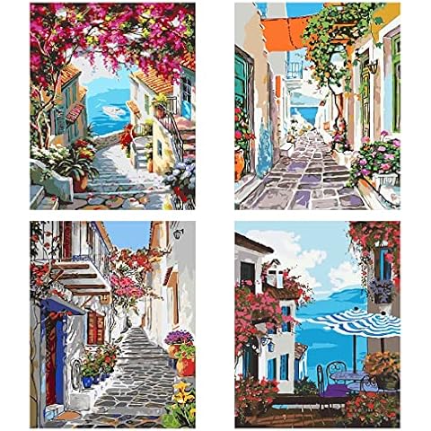 AkiiGer Pack of 4 Paint by Numbers for Adults, Beginners, Children, DIY Hand Painted Oil Painting Kits, DIY Painting by Numbers, Without Frame, 40 x 50 cm Path Cover