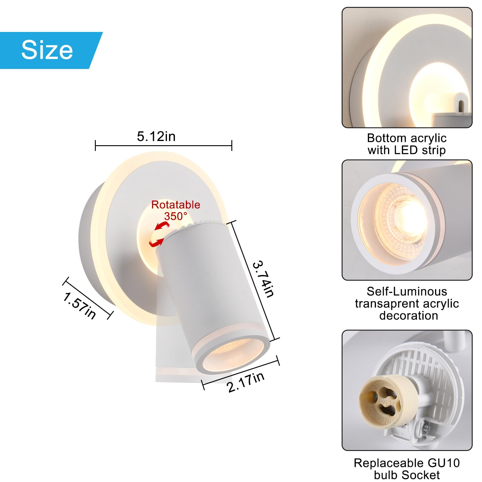 SANSHI Rotonda Faretti da Soffitto Orientabili Interno LED 1 Luce,Faretti da Parete con Inferiore 9W+5W,GU10 Lampadario Faretti,Moderna Plafoniera Faretti Bianco Caldo 3000K per Cameretta Barra,Bianco