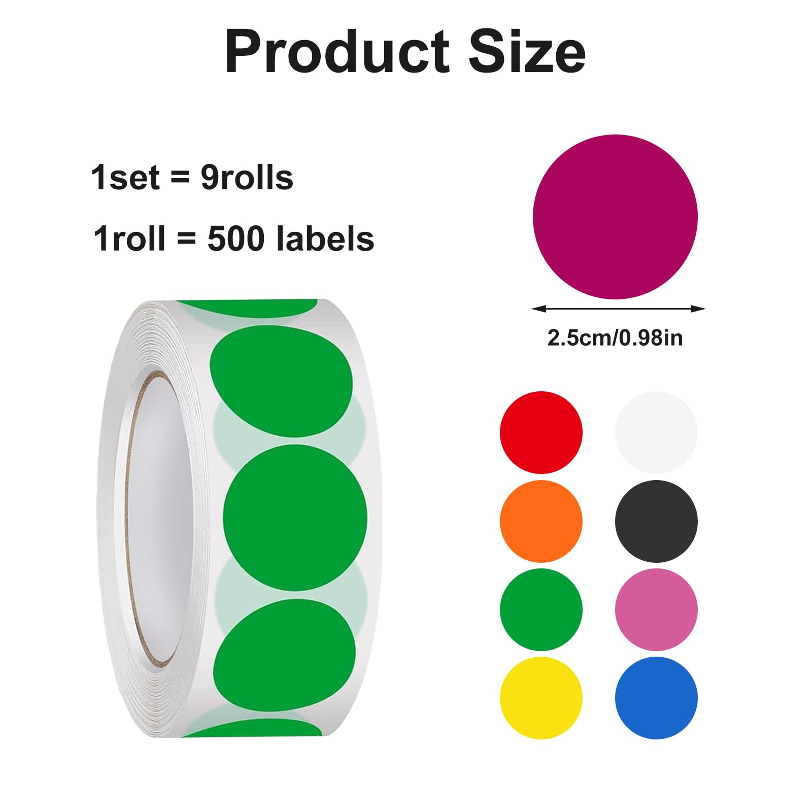 ROSYLEVE 4500pcs Coloured Dot Stickers 25 mm Dot Stickers 9 Colours Marking Dots Coloured Labels for DIY Office, Classroom (9 Rolls) - Image 2