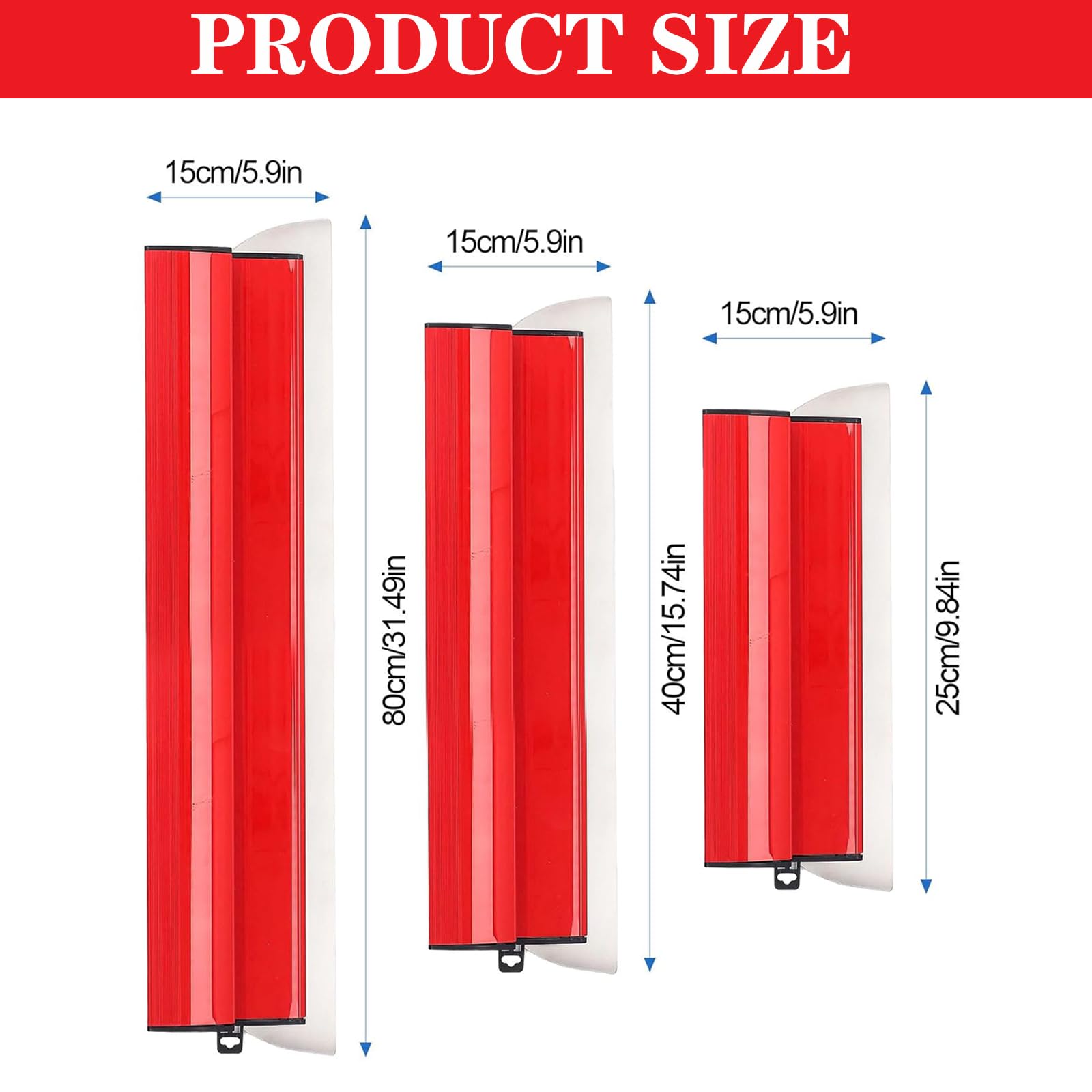 Spatole per Stucco 3 pezzi acciaio inox (20cm+40cm+85cm) Frattazzo per Lisciare Muri e Soffitti, Utensile Professionale per Intonaco, Pittura e Rimozione Gesso (Rosso)