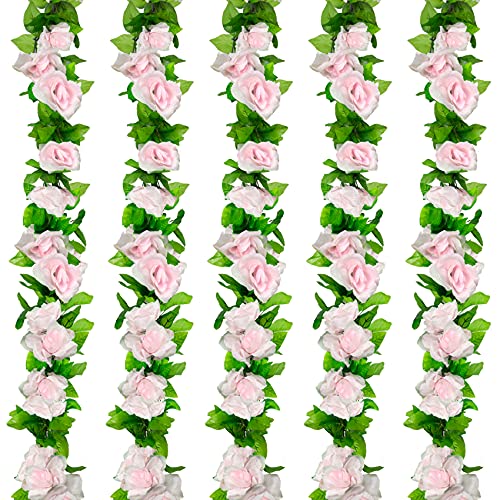 Huryfox Paquete de 5 flores artificiales para decoración interior y exterior, rosas falsas de ratán hiedra colgante floral guirnalda decoración para bodas, fiestas de cumpleaños, (36 pies, rosa) Cover