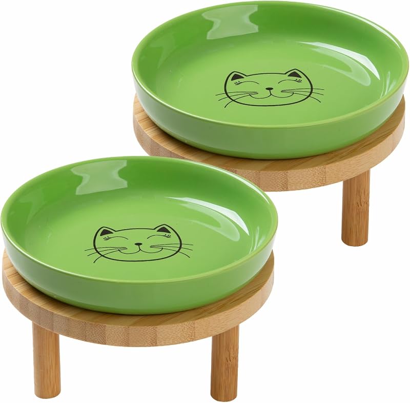 Potes Elevados Rasos e Largos para Gatos em Cerâmica com Suporte de Bambu Lusifaco, Verde, Conjunto com 2