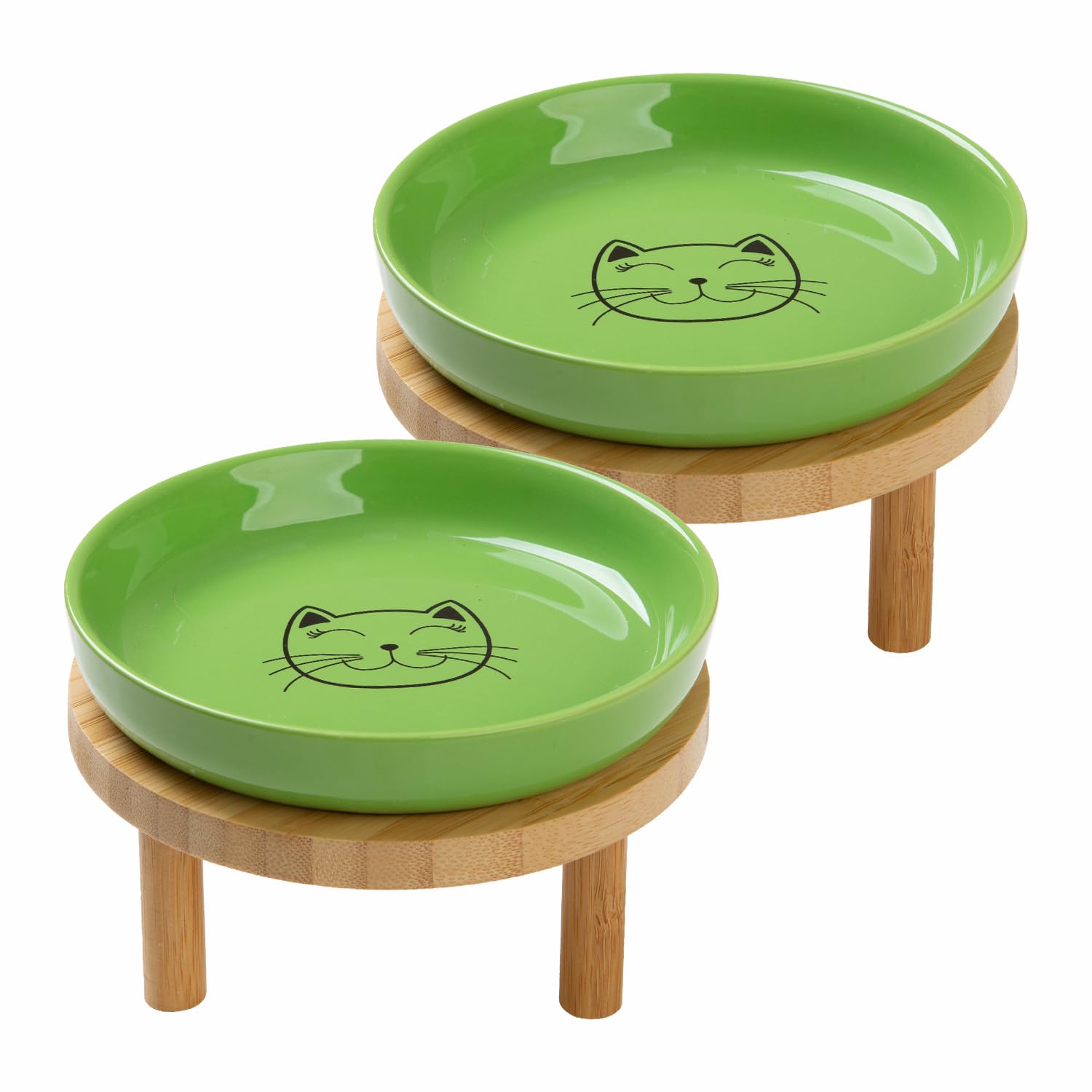 Lusifaco Shallow Elevated Cat Bowls,5.9 Inch Wide Raised Ceramic Cat Dishes with Bamboo Stand, Whisker Friendly Pet Water or Food Plates Feeding Station for Indoor Cats, Kitten(Green,Set of 2)