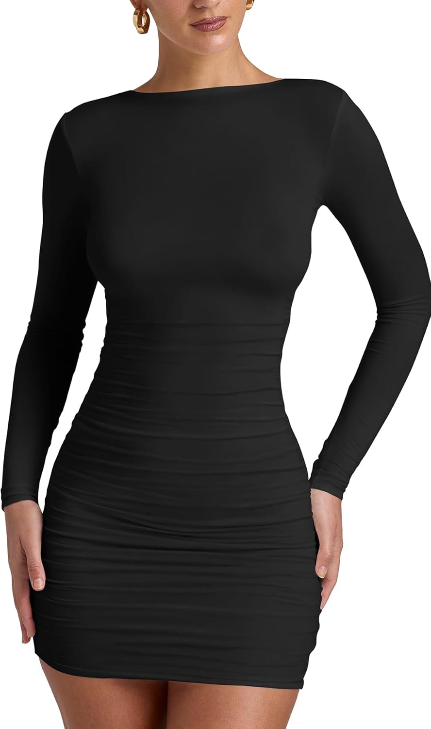 Women's Going Out Bodycon Long Sleeve Round Neck Ruched Party Club Mini Dresses - Image 2
