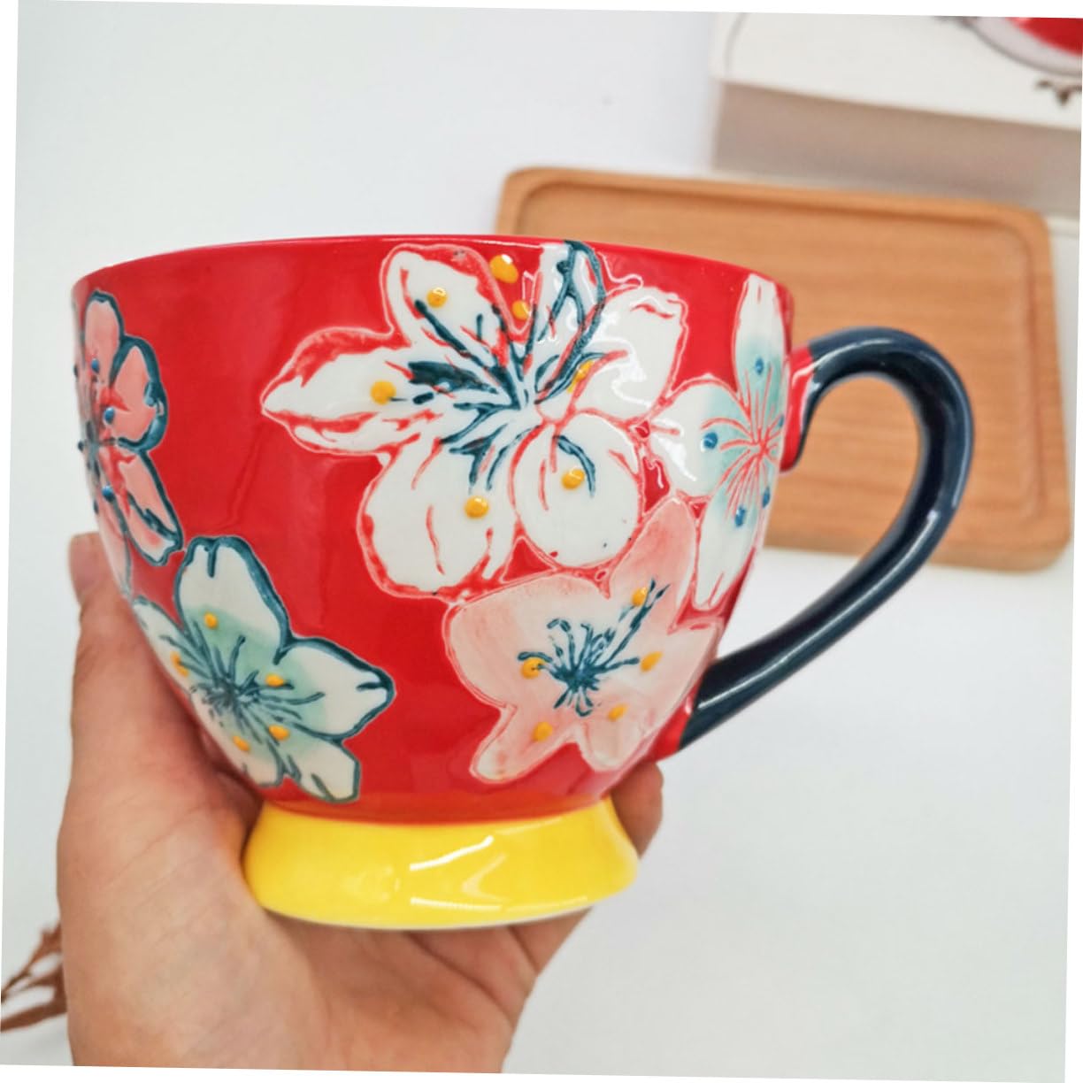 Keramik Frühstückstasse mit Prägung, Handbemalt, Rot, Einfaches Design | Glatter Rand, Bequemer Griff, Leicht zu Reinigen, für Kaffee, Tee, Müsli und Joghurt
