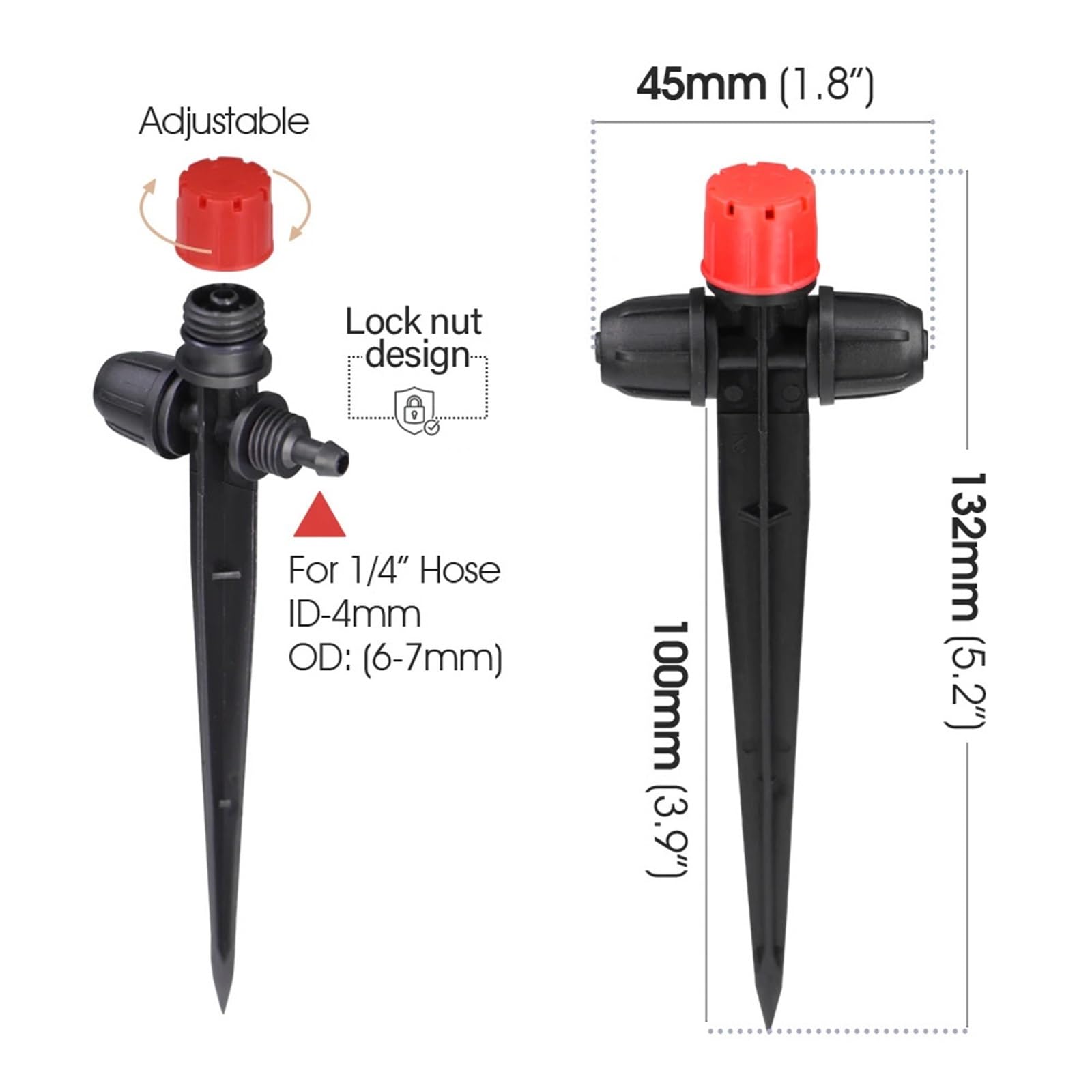 Emettitori per Irrigazione a Goccia Gocciolatore a 8 fori da 1/4″ con picchetto, irrigatore regolabile 0 a 80 l/h, anticaduta, for irrigazione esterna, sistema di a goccia micro(50pcs)
