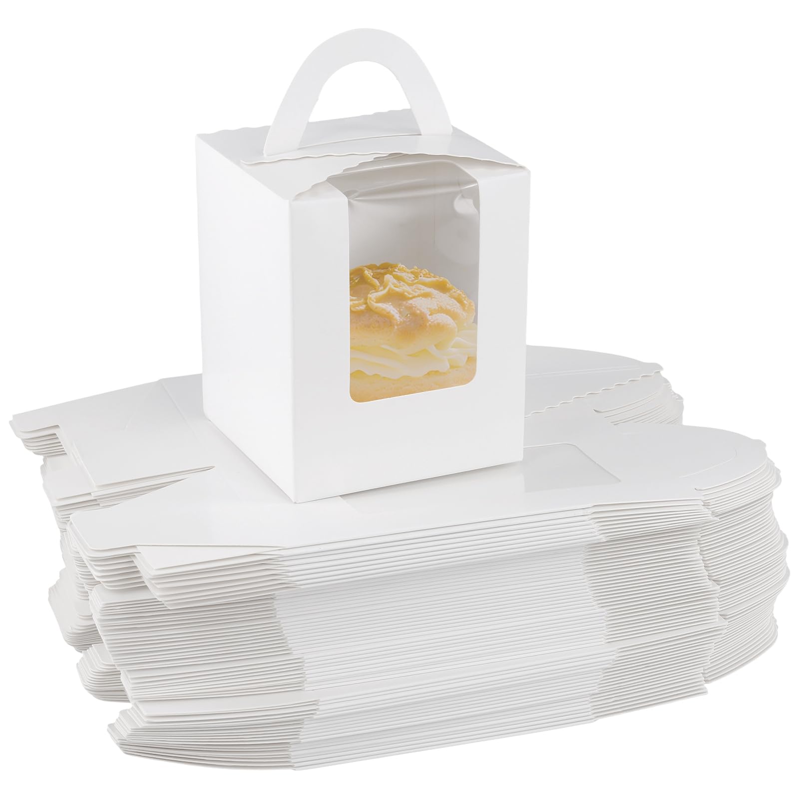 Mukchap White 60 Pcs Individual Cake Storage Boxes 9.2X9.2x11cm, Bakery Cupcake Boxes With Handles For Wedding, Party, Birthday