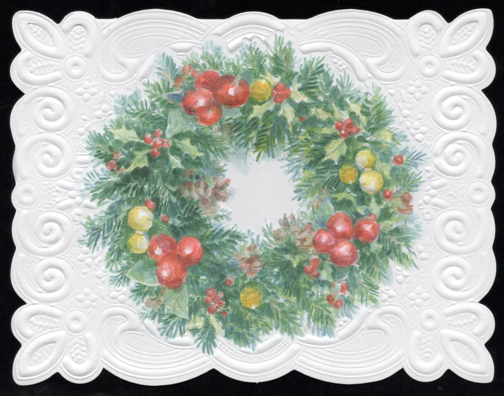 Poster Foundry Christmas Holiday Wreaths Boxed Note Cards by Carol Wilson. 10 embossed 4x5 Die-Cut Notecards and Matching Envelopes in Decorative Gift Box with Magnetic Flap. NCPX2367