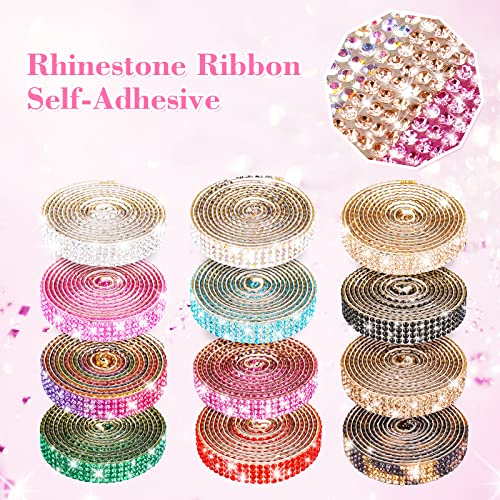 NiArt Self Adhesive Crystal Rhinestone Diamond Ribbon 12 Rolls 0.9cm Wide Total 12 Yards Multi-Functional DIY Decorative Bling Gemstone Arts Crafts Sticker Tape Glitter Shoes Clothes (Assorted Colors)