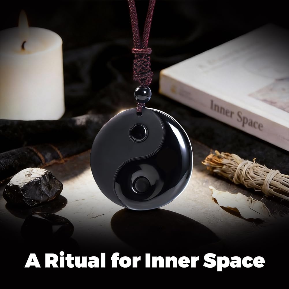 Black Obsidian Yin Yang Pendant Necklace, Hand Carved Feng Shui Obsidian Necklace, Tai Chi Black Obsidian Balance Necklace, Unisex Minimalist Protection Jewelry, Includes Gift Box
