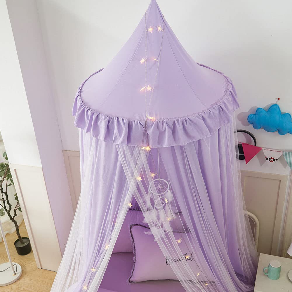 Surwin Dosel de Cama para Niña Niños Bebés Mosquitera Dosel Cama Individual Matrimonio, Redonda Toldo de Cuna de Castillo de Dormitorio Decoración de Habitación (morado blanco)