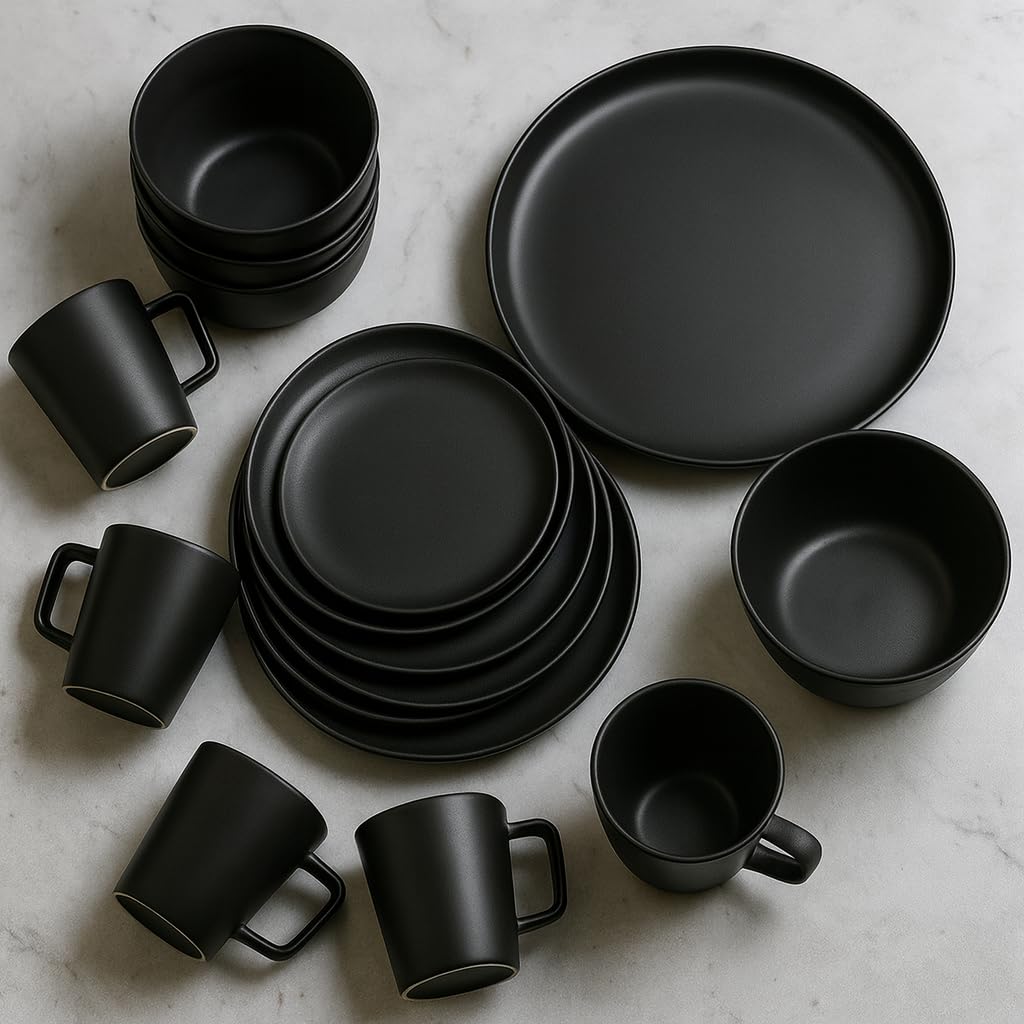 Schwarz Steingut Geschirrset 4 Personen, Teller Set 4 Personen, Tafelservice 16tlg mit Speiseteller, Dessertteller, Suppenteller, Schüssel- und Teller Set