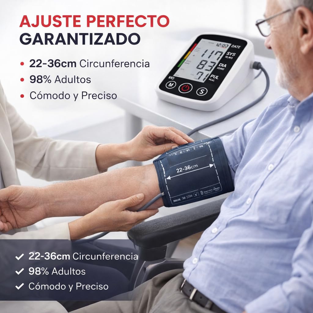 Tensiometro de Brazo | Medidor de Frecuencia Cardiaca y Pulso | Pantalla LCD, Facil de Leer el Resultado | Indicador Por Voz en Español | Memoria de Datos | Brazalete Ajustable 22-36 cms