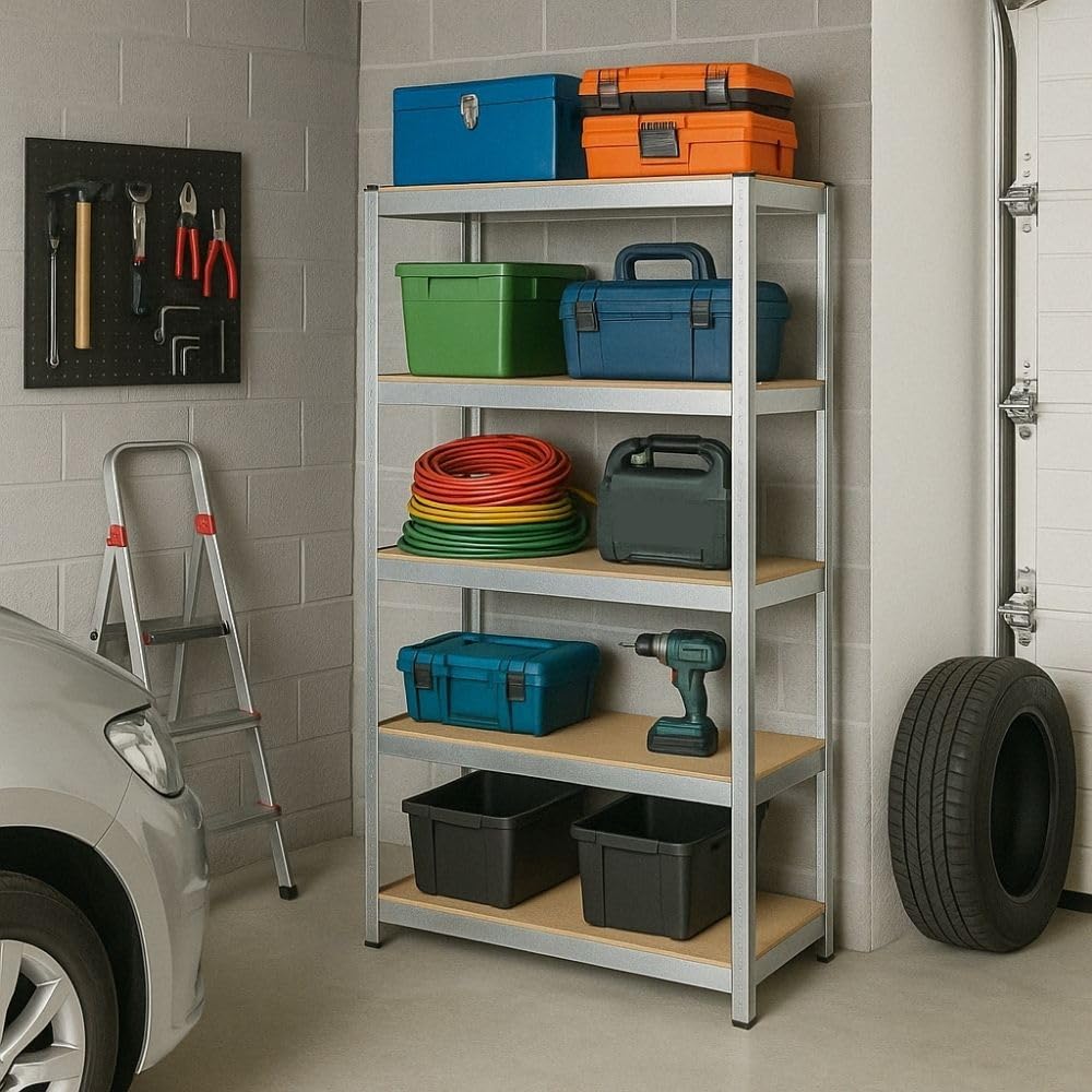 Étagère Rangement, 90 x 180 cm - Étagère Garage, Modulable, Métal Galvanisé, 5 Niveaux - Étagère Charge Lourde, 175 kg/Plateau - Établi Atelier Garage - Montage Sans Vis - 40 cm - Gris