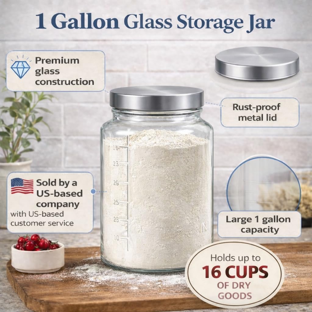 Kitchentoolz Extra Large Mason Jar - 1 Gallon Glass Wide Mouth Jar with Airtight Metal Screw on Lid, Food Storage Container with Measurement Marks For Kitchen Pantry, Pickling, Flour & Sugar Pack of 2