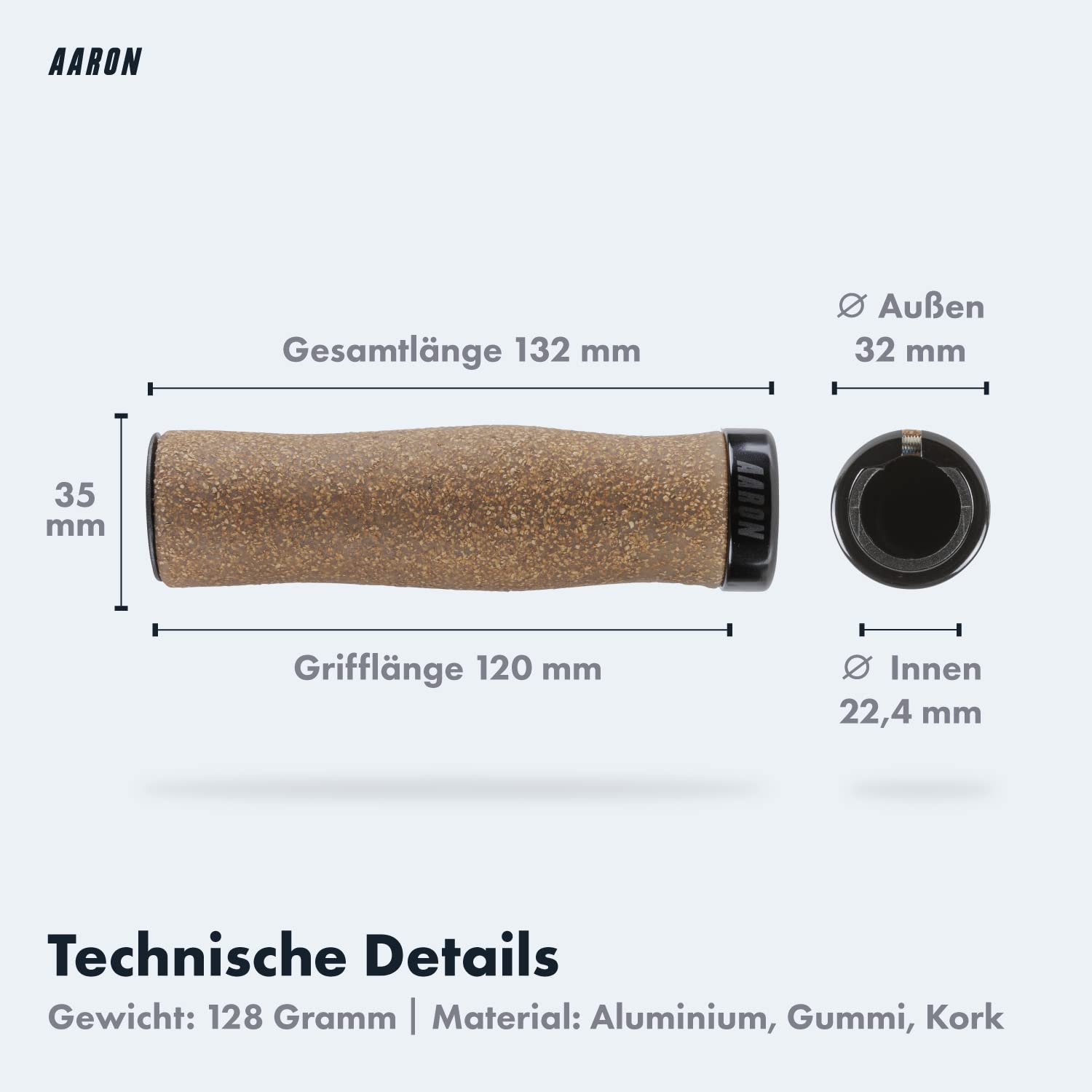 AARON Bio Fahrradgriffe Kork mit angepasster Textur - ergonomische Lenkergriffe aus rutschfestem Kork/Gummi - softe Handgriffe geeignet für E-Bike, Trekkingrad, Mountainbike, Tourenrad