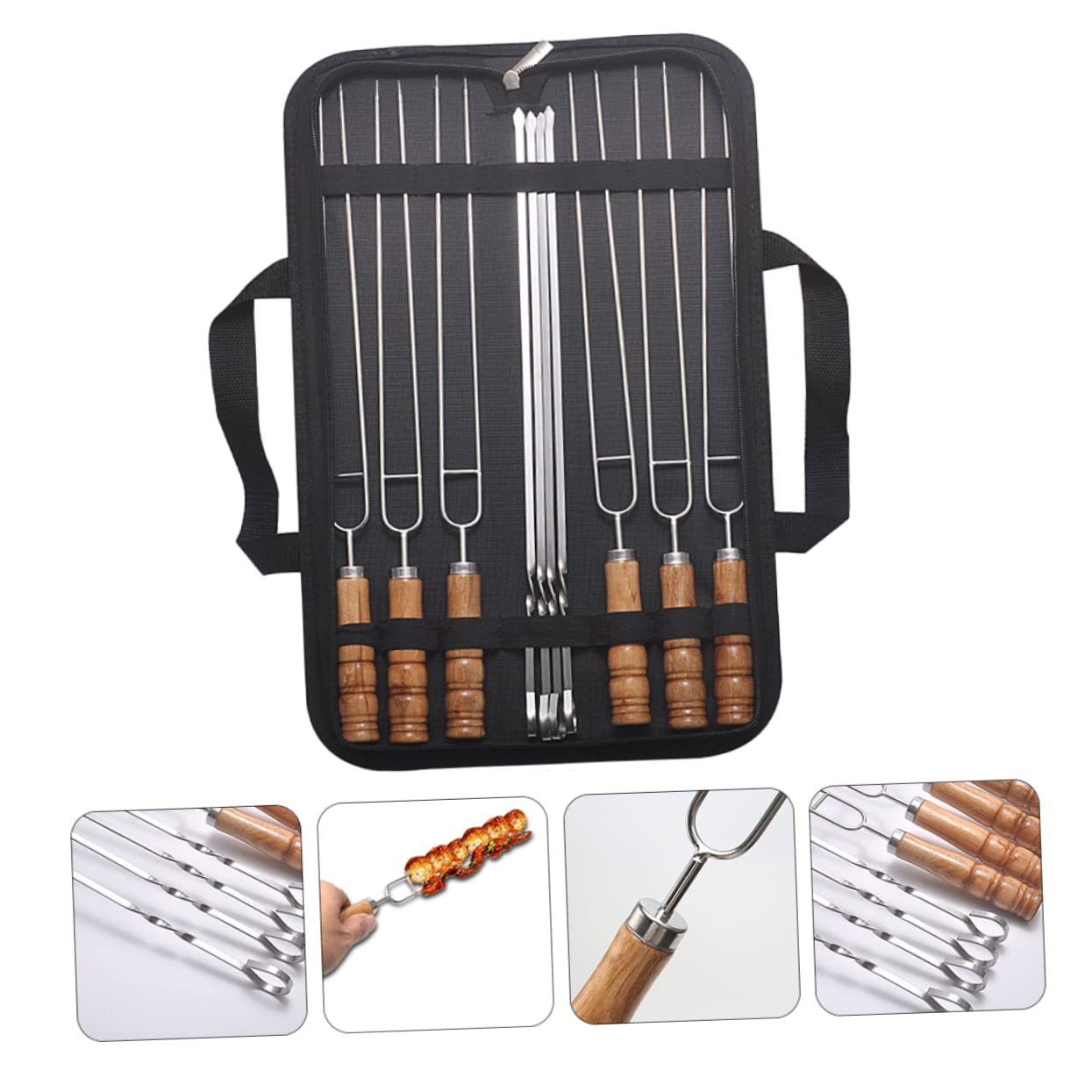 Brochetas para Barbacoa de Acero Inoxidable con Mango de Madera, Paquete de 10 Unidades con Bolsa de Almacenamiento para Fiestas al Aire Libre