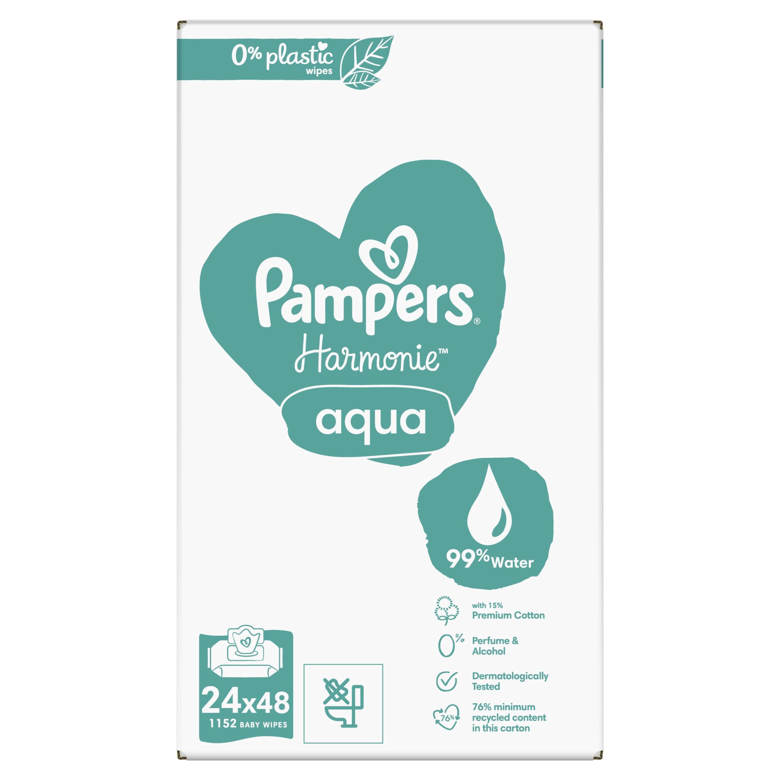 Pampers Toallitas húmedas para bebé, Harmony, Aqua, 1152 toallitas (24 x 48), protección suave para la piel delicada con un 99% de agua