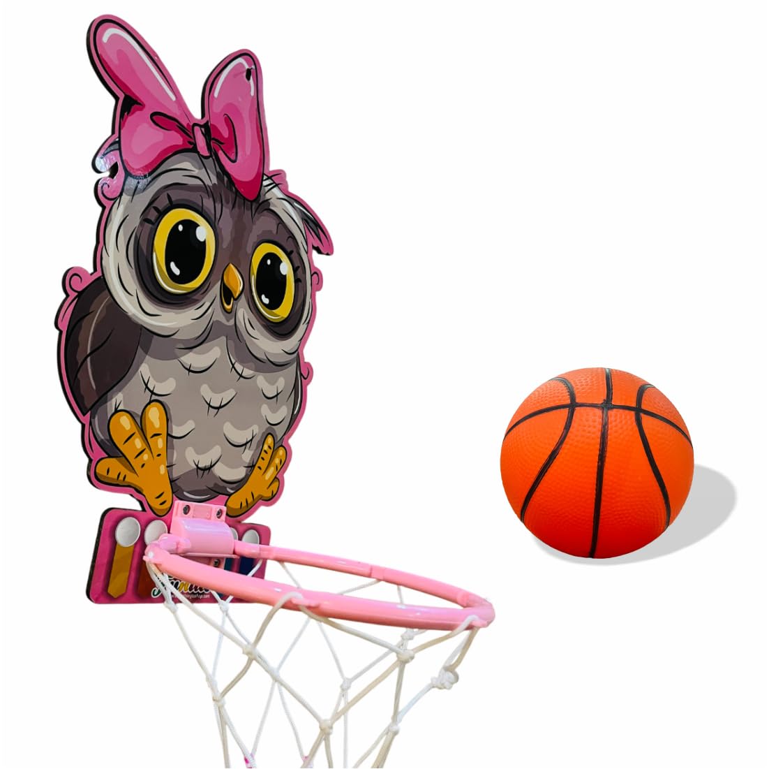 Kids Basketball Hoop with Cute Owl Design, Pink and Grey Mini Basketball Net, Wall-Mounted, Basketball Portable Set with Hanging Board, Ring Net for Indoor and Outdoor Games 1