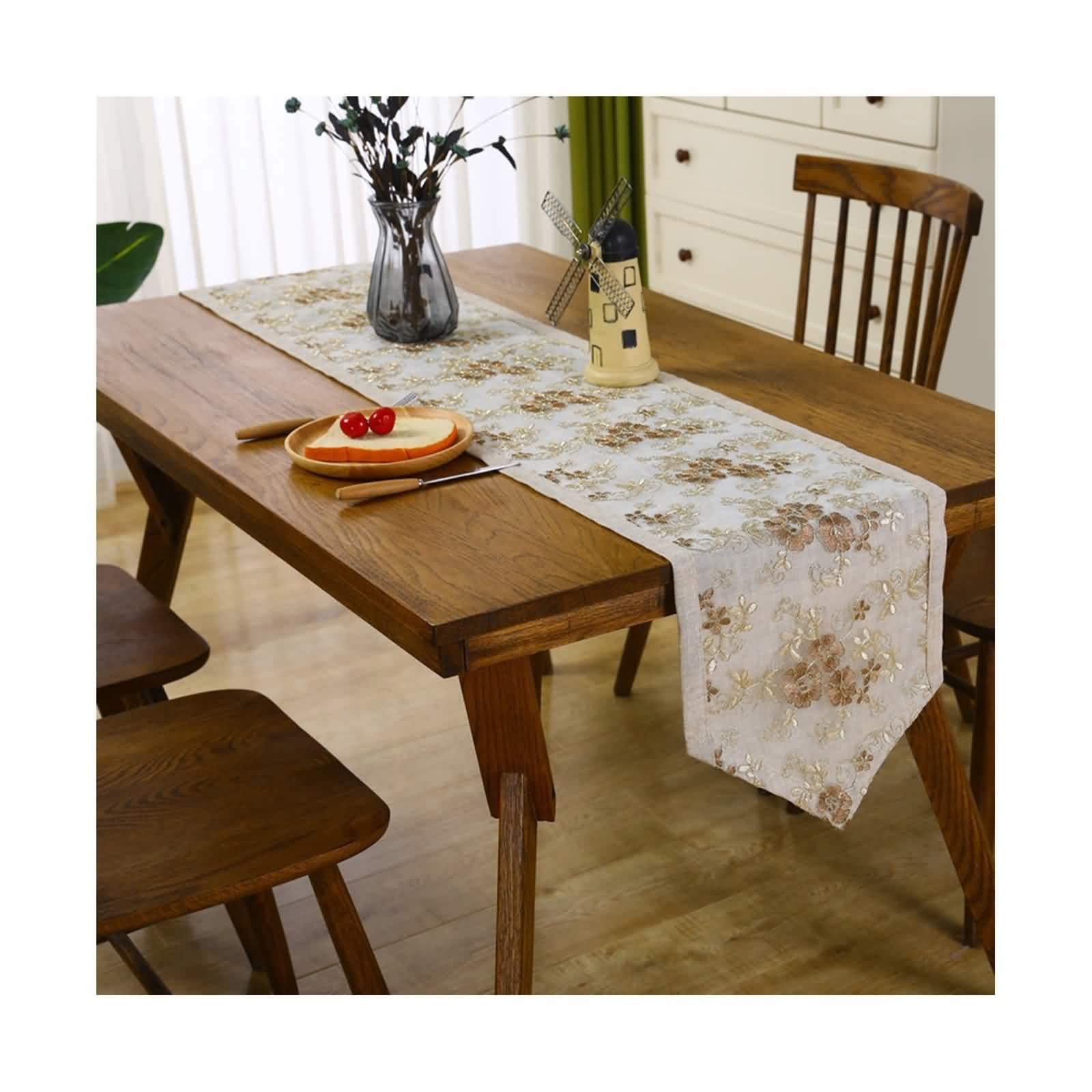Chemin de Table St Valentin, Chemin de Table Fleur Mariage Polyester Café 35x120CM Broderie Deco Intérieure et Extérieure