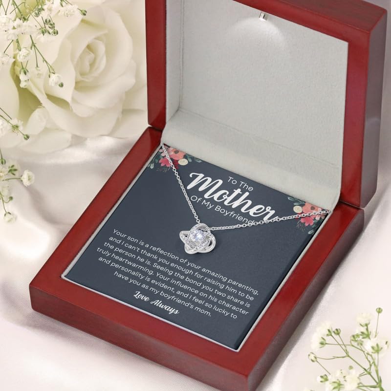 To My Boyfriend's Mom Necklace Message Card Box Love Knot Silver Mahogany - Your Son Is A Reflection Of Yo - Relationship Jewelry Stepmother Valentine