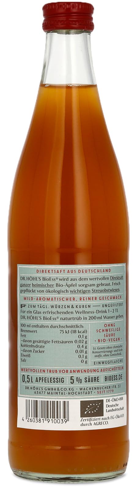 Vinagre de manzana ecológico sin filtrar en pack de 6 botellas, con sedimentos naturales, elaborado con manzanas enteras procedentes de huertos alemanes, vegano, BioEss, desde 1962 (6 x 500 ml).