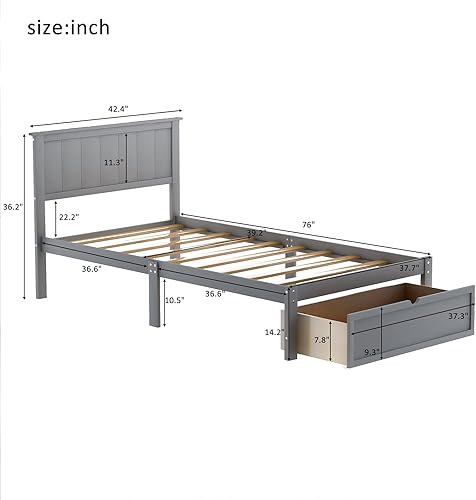Miniatura 2 de Base de cama de plataforma de tamaño individual con cajón debajo de la cama, soporte de listones de madera, marco de cama de madera de pino maciza,