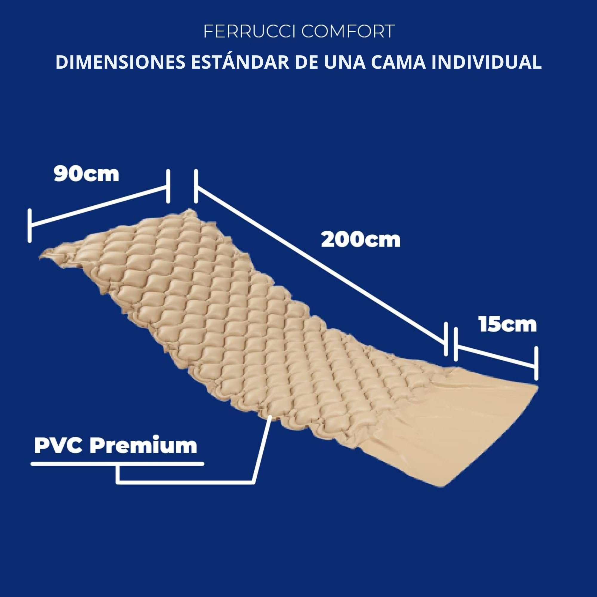 FERRUCCI COMFORT Colchón Antiescaras de Aire Alternante, con Motor Compresor Silencioso, PVC Médico ignífugo, para Escaras Grado 1, 200 x 90 x 7 cm, DM1 130 Celdas, Marca CE