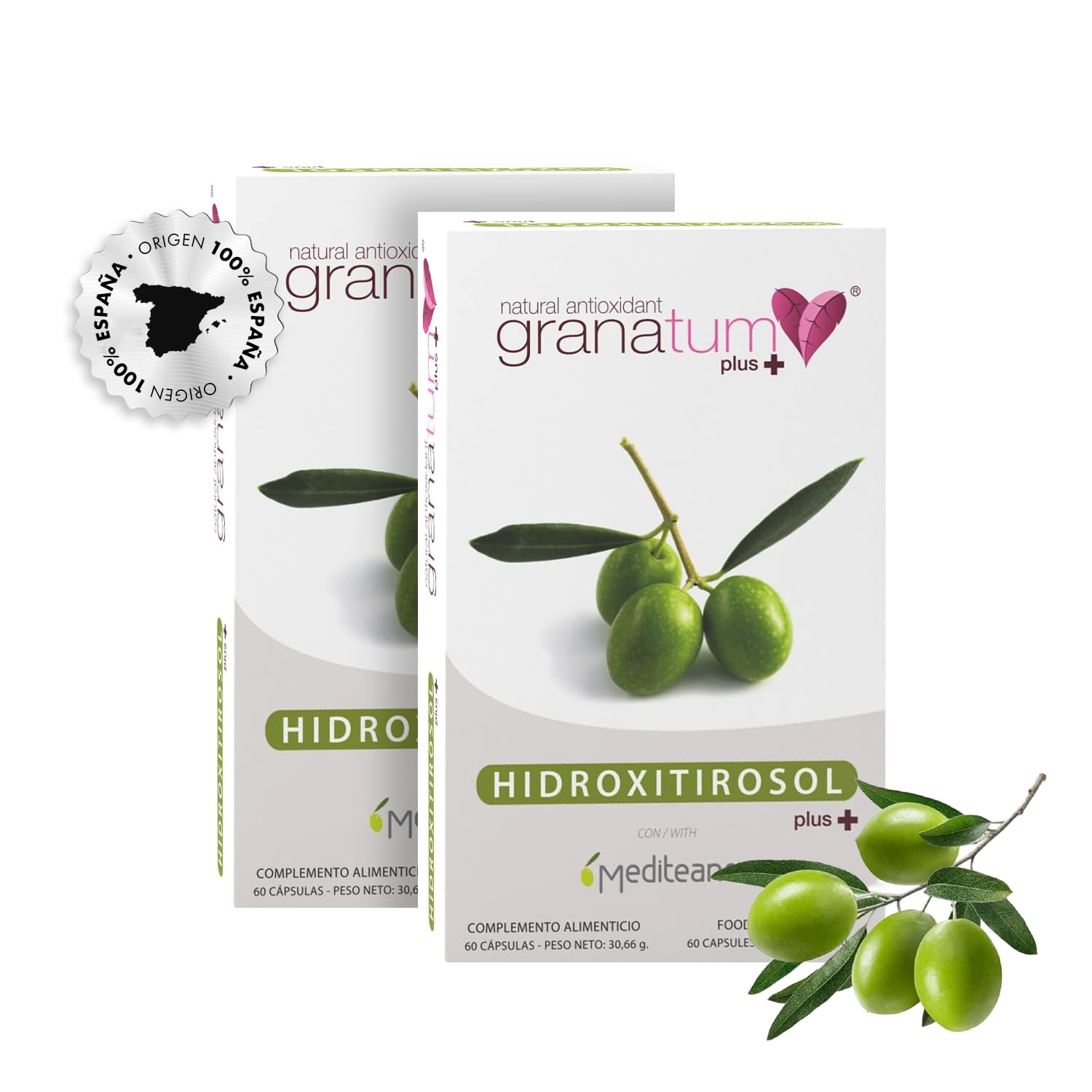 Granatum Plus - Hidroxitirosol Plus - Complemento Alimenticio - Extraído de Aceite de Oliva Virgen Extra - Suplemento Antioxidante - Bienestar General - Producido en España (2 Cajas de 60 cápsulas)