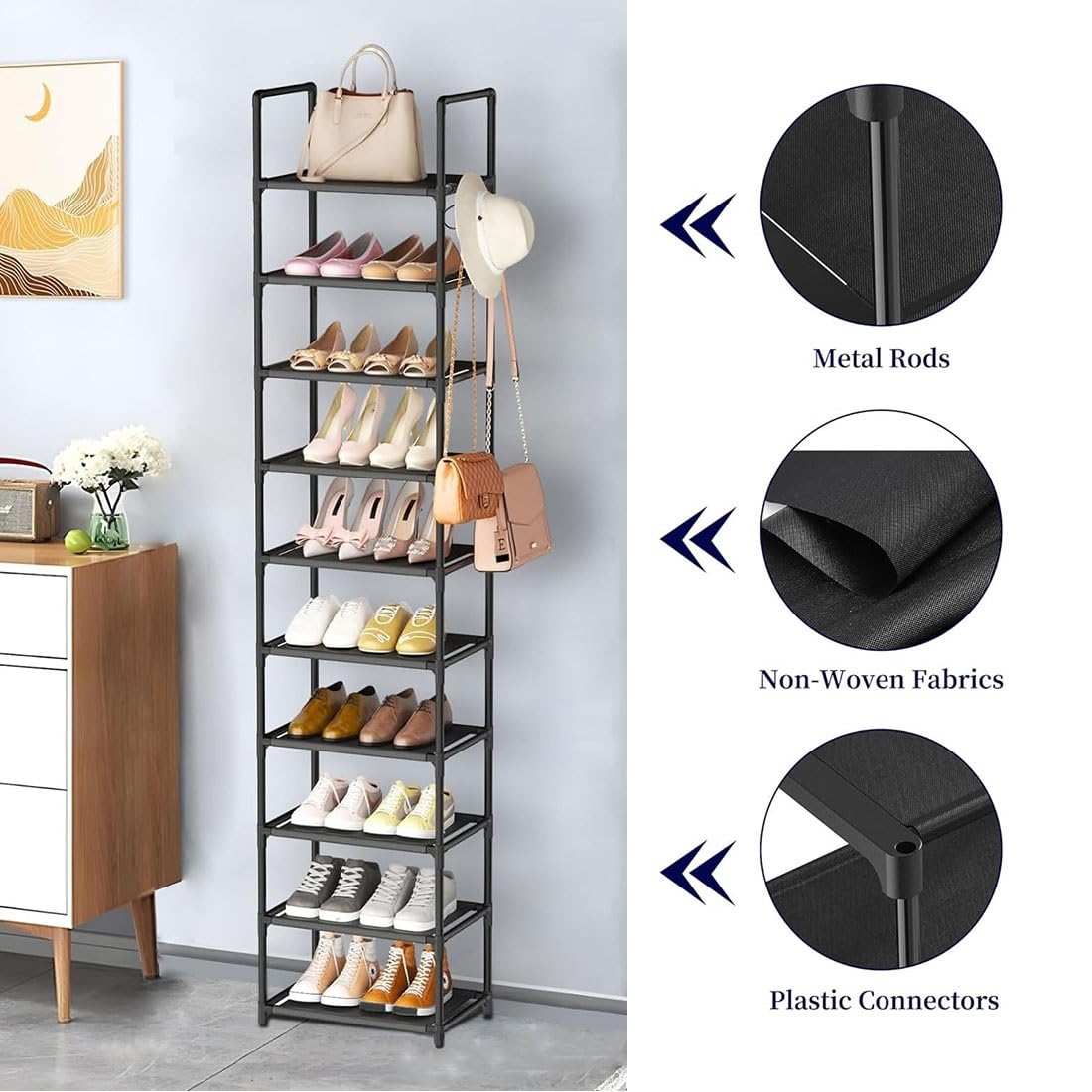 Zapatero de 10 niveles, estante de metal para zapatos con 5 hoo y 10 fundas, tela no tejida para entrada, negro/gris (17.7 x 11.4 x 69.8 pulgadas)